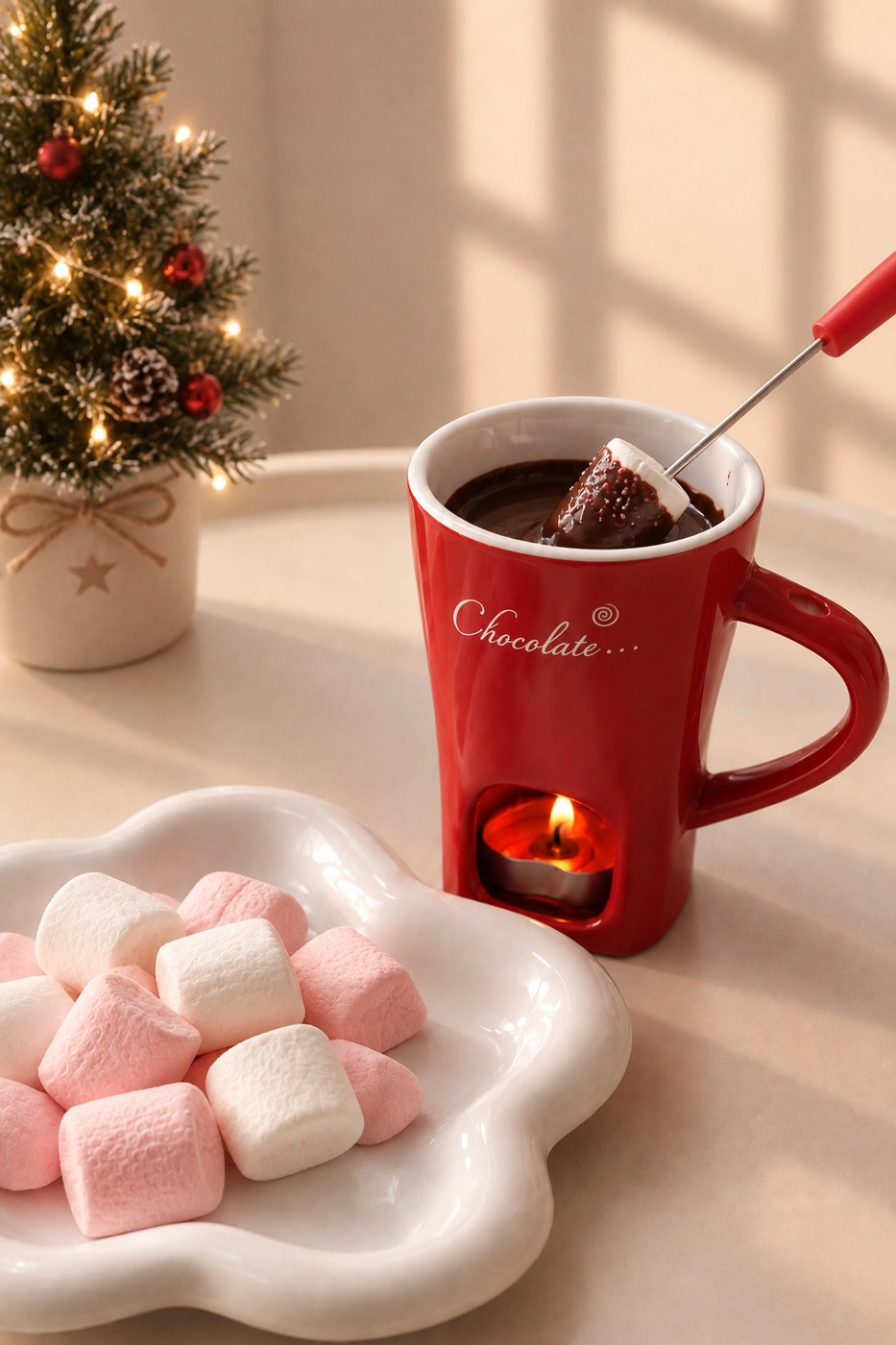 Guimauve trempée dans le chocolat fondu du mug Fondly