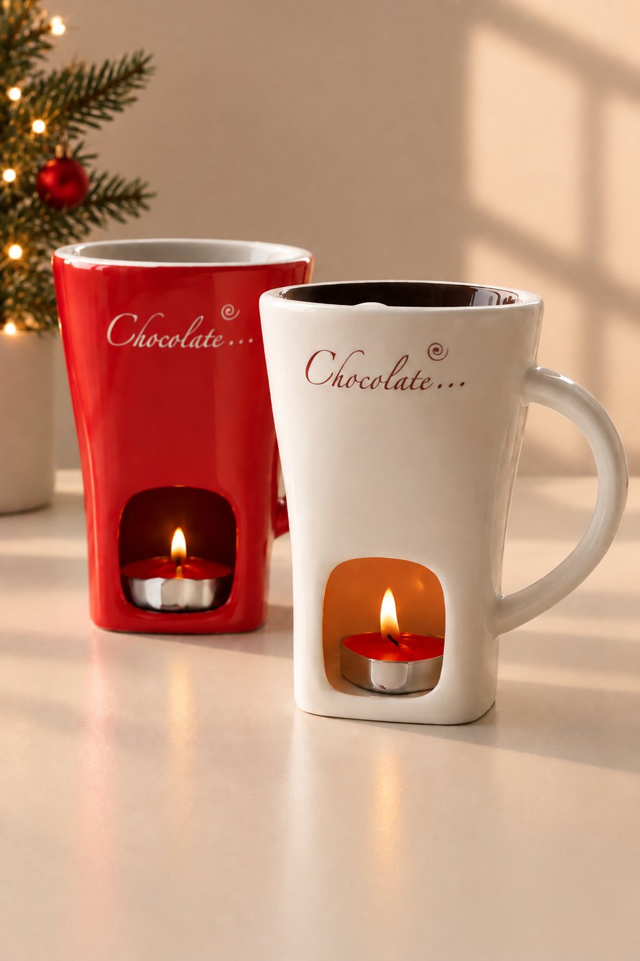 Deux mugs Fondly rouge et blanc chauffés par une bougie
