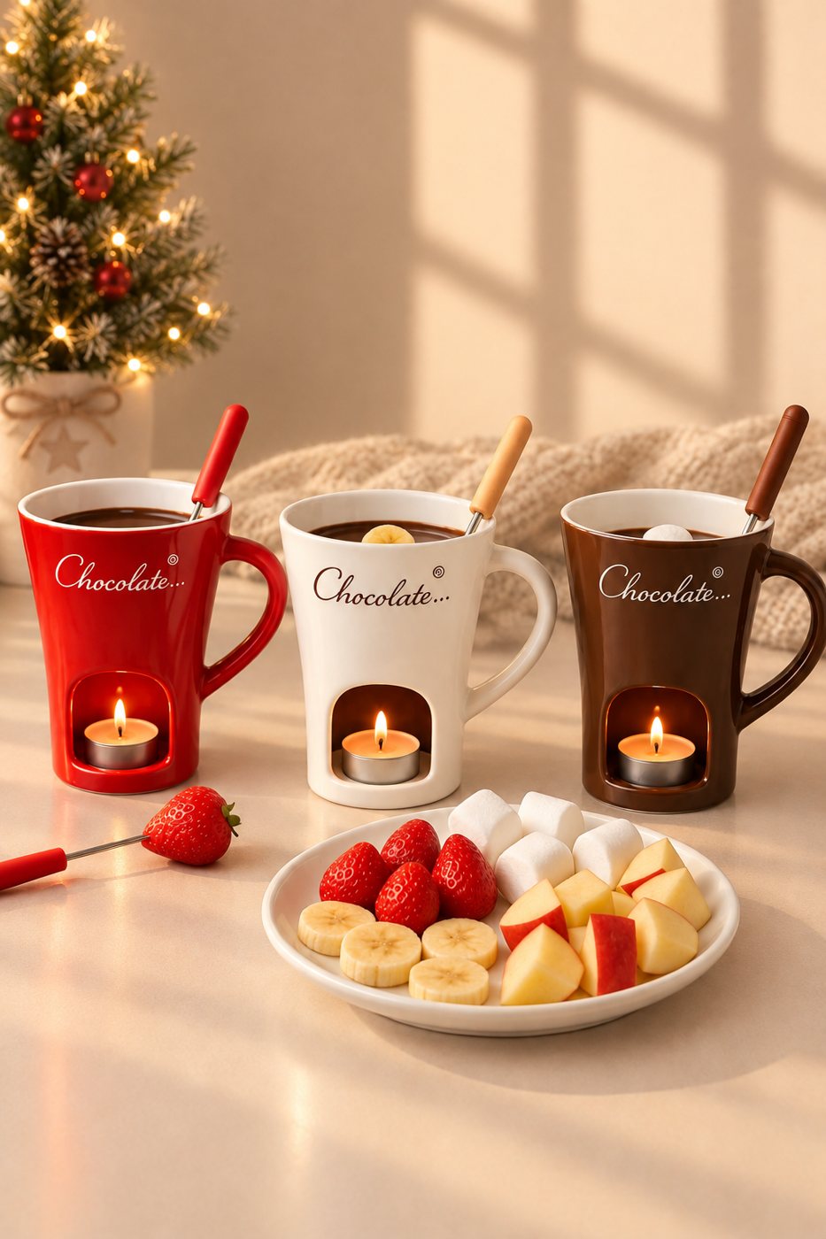 Trois mugs Fondly rouge, blanc et marron avec fruits et guimauves